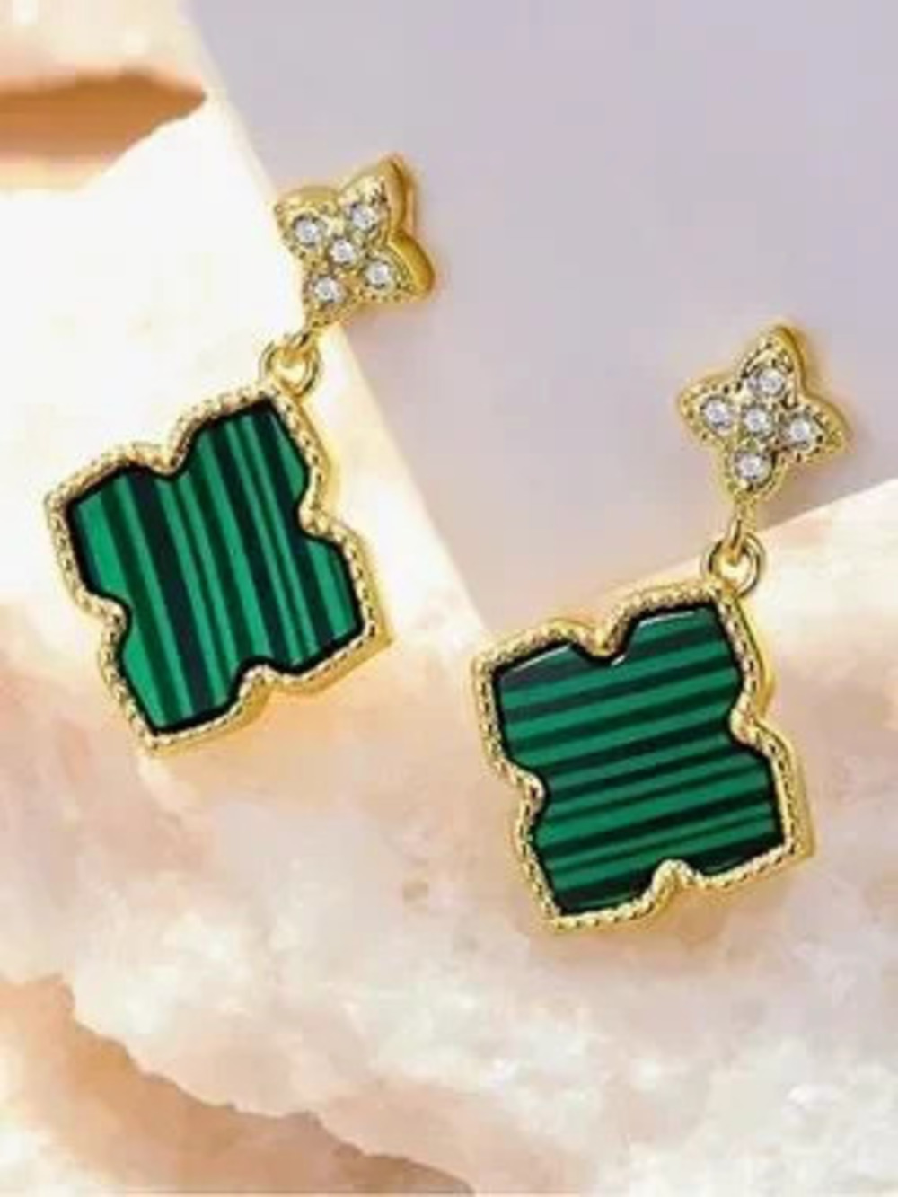 Anthropologie Gold-Tone Drop Earrings with Green Striped Clover Motifs